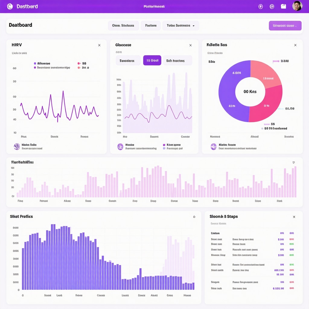 A modern digital dashboard showing biometric health metrics like HRV, glucose levels, and sleep patterns for tailored fat loss