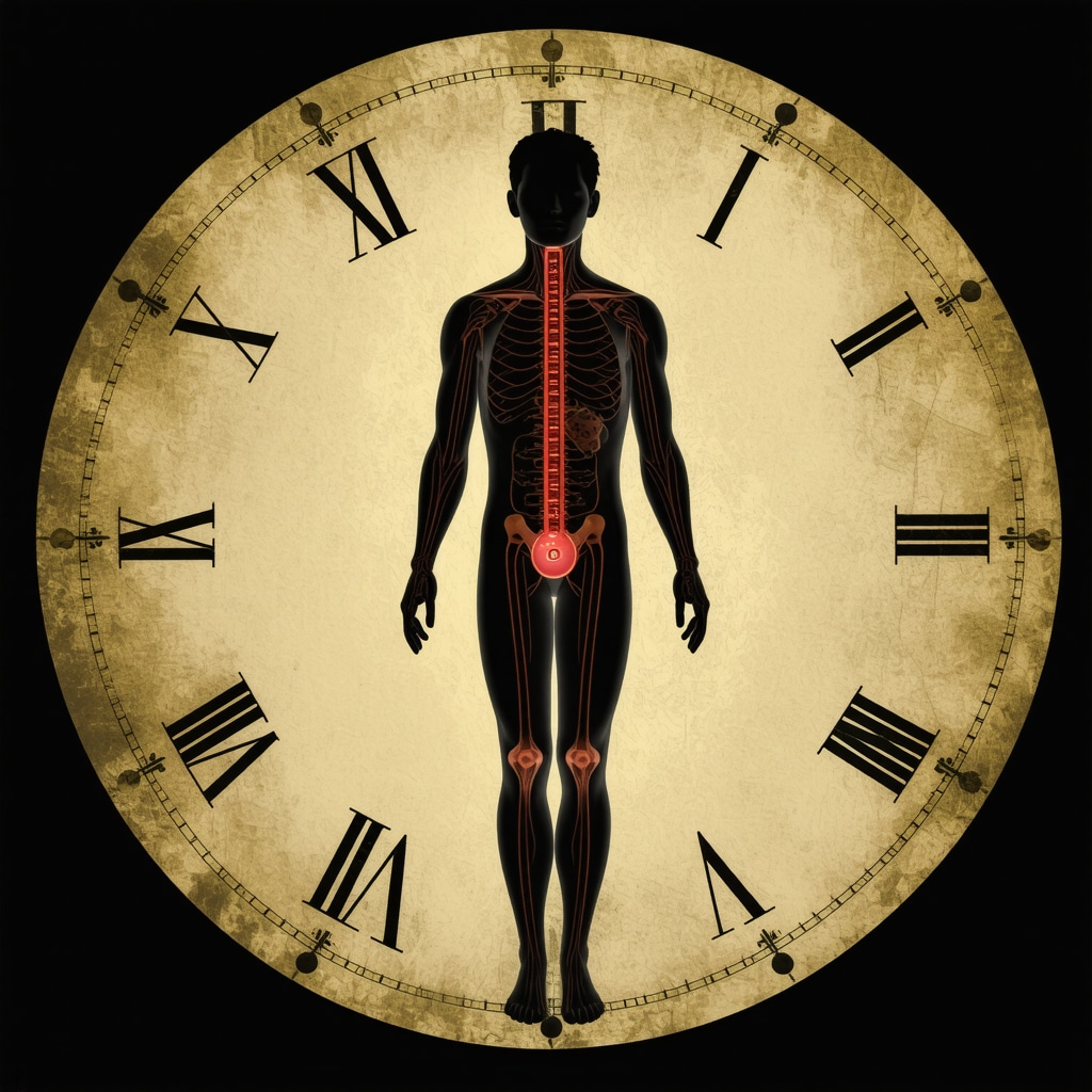 Diagram showing circadian rhythm clock with human figure indicating injection timing for appetite control