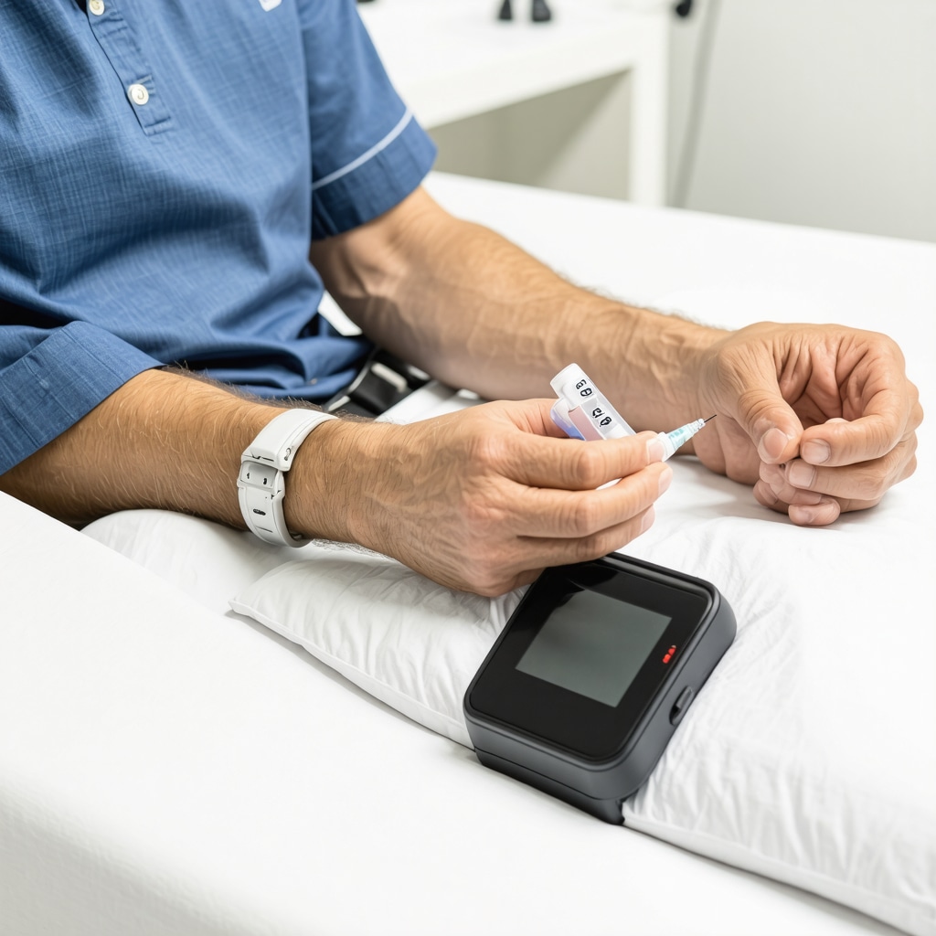 Patient using CGM and wearable metabolic tracker alongside GLP-1 injection therapy for personalized weight loss management