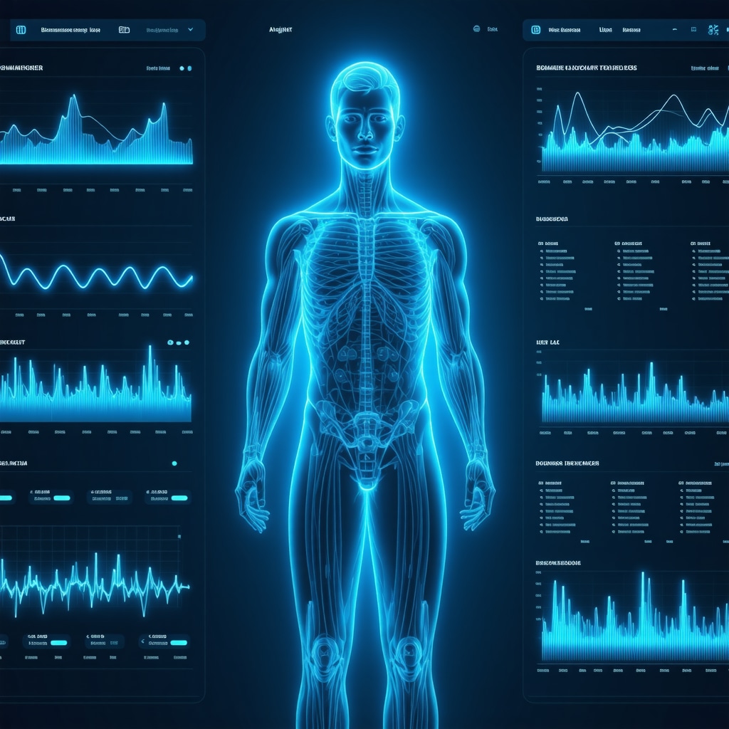 Futuristic dashboard with genetic and biomarker data for personalized weight loss injection therapy