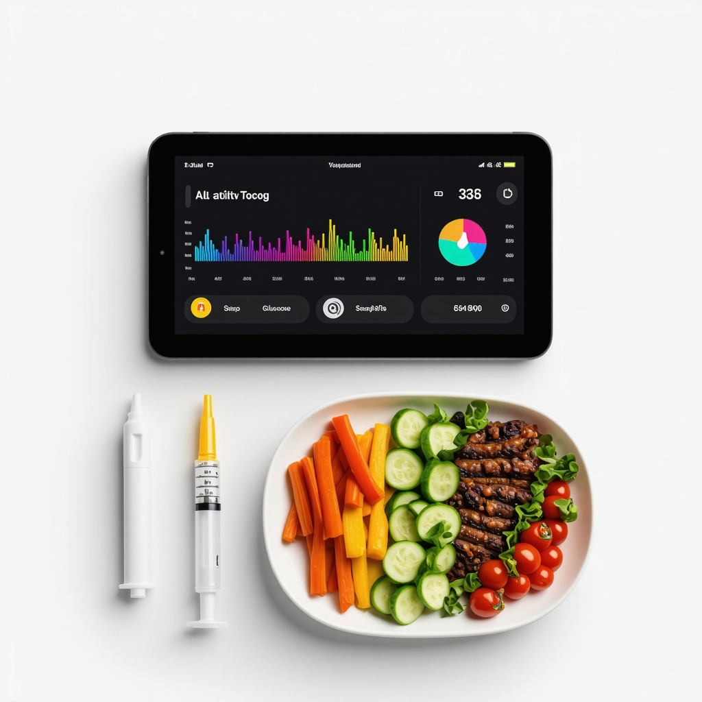A digital health dashboard showing activity, sleep, glucose data next to Wegovy injection and nutritious food