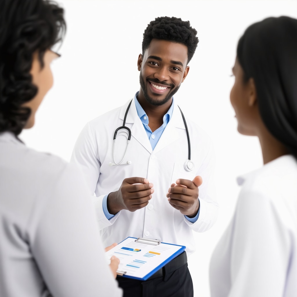 Healthcare professional explaining weight management plan to patient with charts and medication models.
