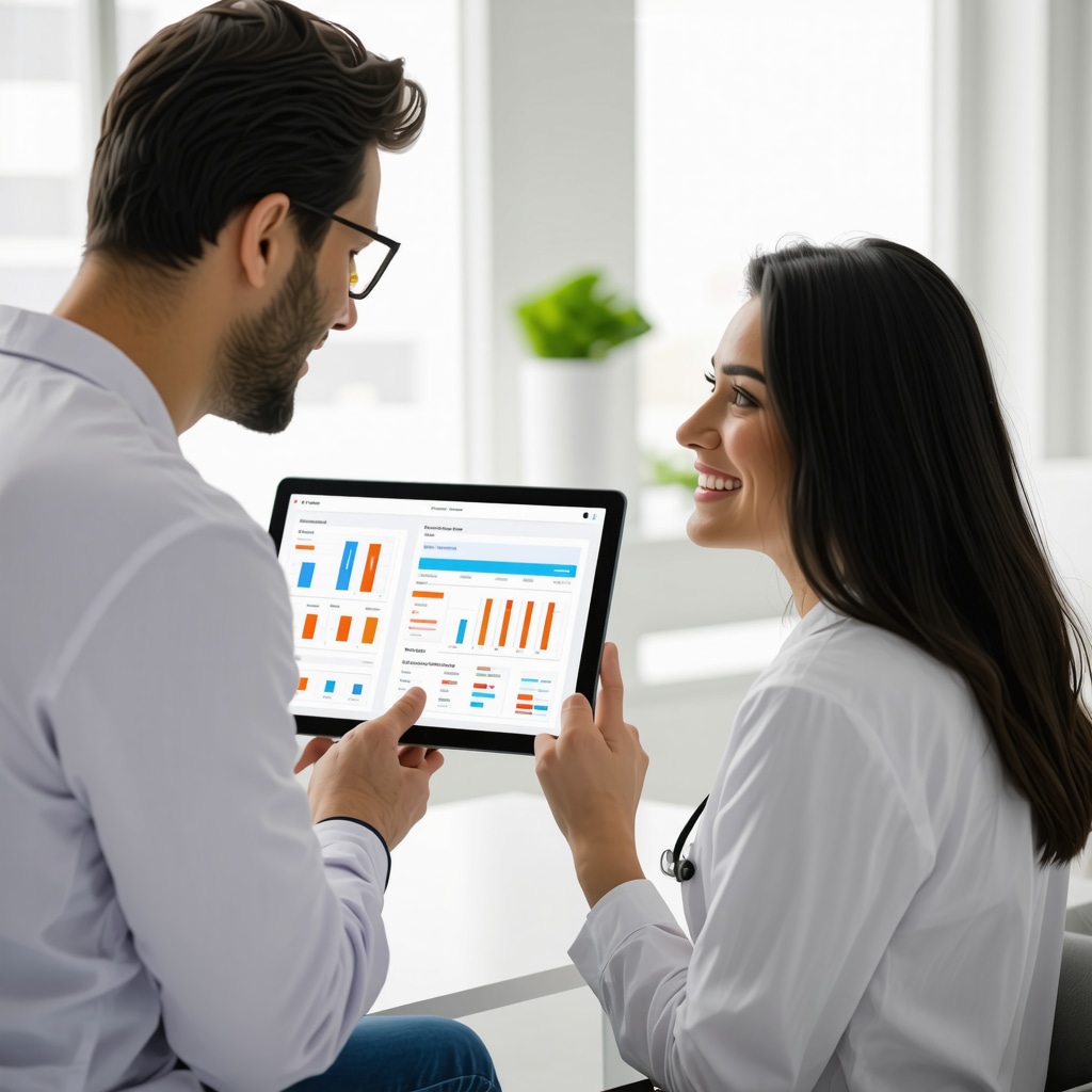 Doctor consulting patient with digital tablet showing biomarker data and injection schedule for weight loss