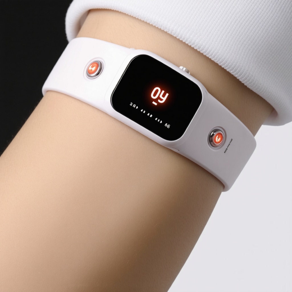 Close-up of a sleek wearable biosensor device on a wrist, illustrating advanced health monitoring technology.