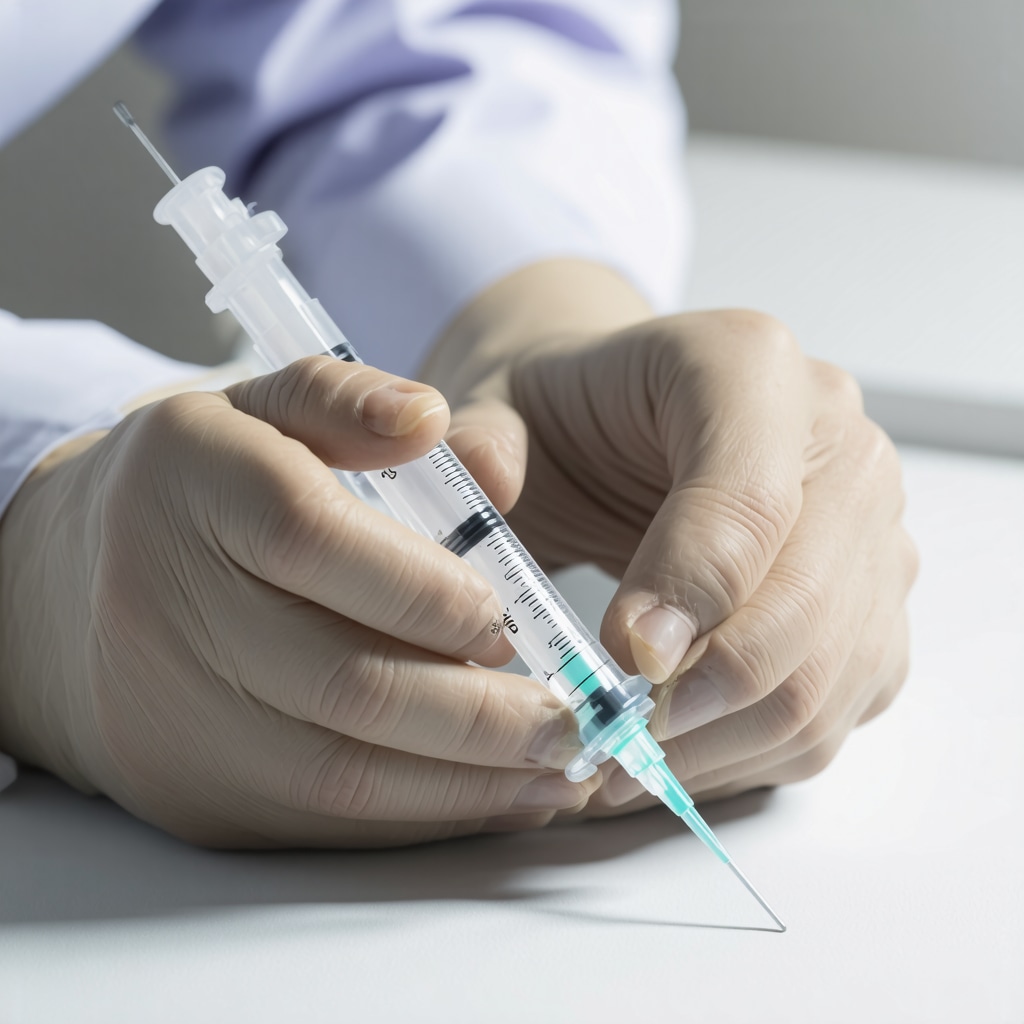 Hands carefully preparing an injection with medication, illustrating proper technique and hygiene