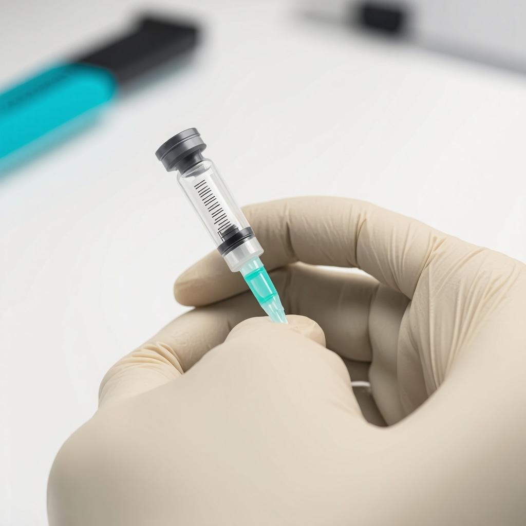 Healthcare professional carefully handling injectable medication with sterile gloves in a clinical setting