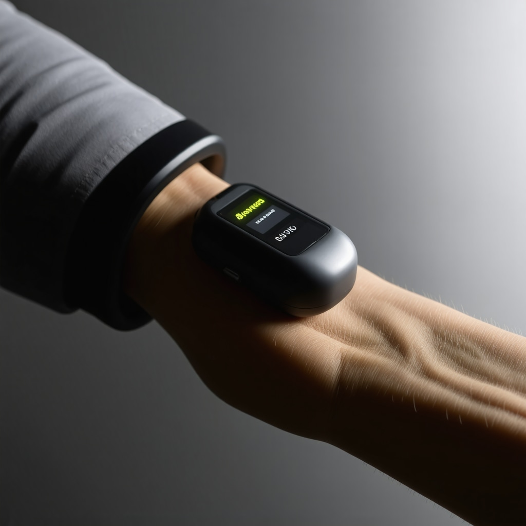 A sleek wearable biosensor device tracking inflammation markers at an injection site, symbolizing advanced personalized treatment technology.