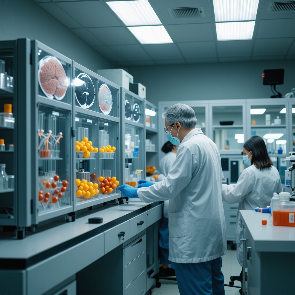 Laboratory scene with genetic, neuroimaging, and microbiome analysis technologies for personalized weight loss treatment.