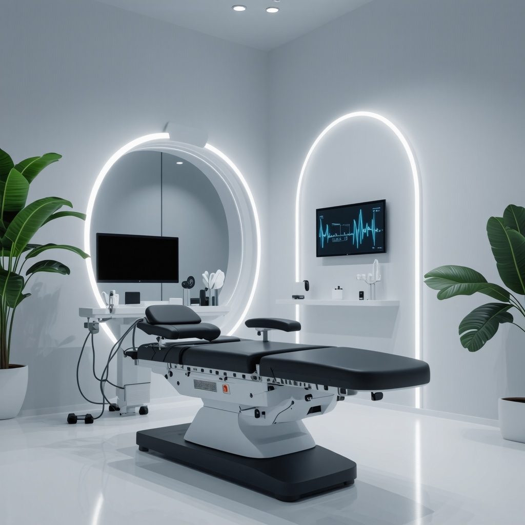 High-tech medical clinic showcasing AI and personalized health monitoring systems.