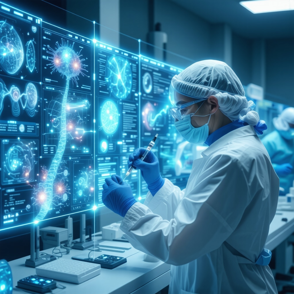 Healthcare professional reviewing genomic and AI data with patient receiving GLP-1 injection in advanced clinical environment