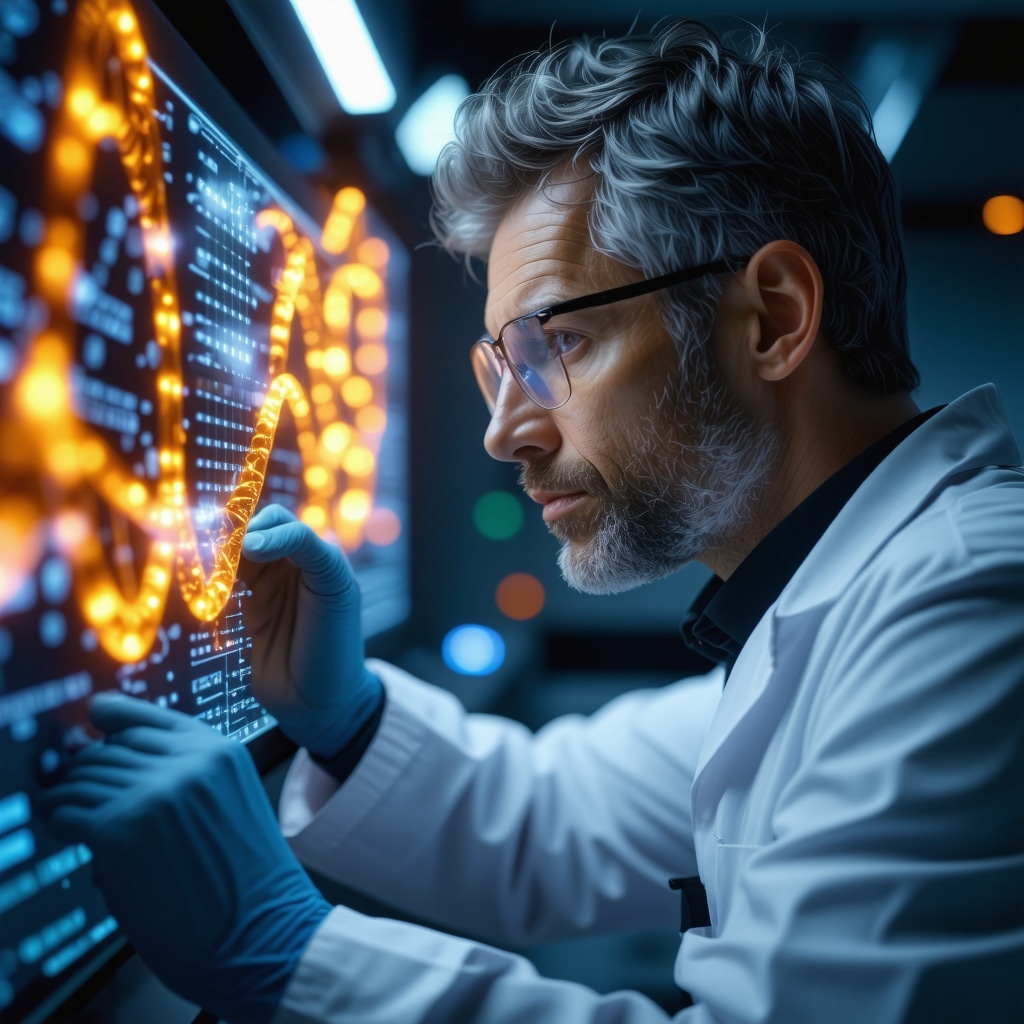 Scientist examining genetic information on a computer screen, representing personalized medicine in weight management.