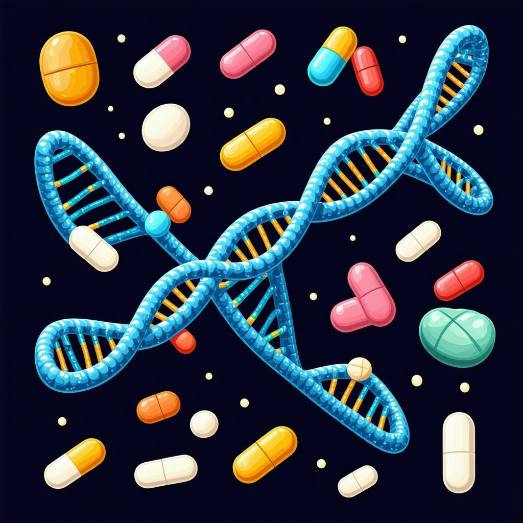 DNA strands intertwined with medication icons representing personalized weight-loss therapy.