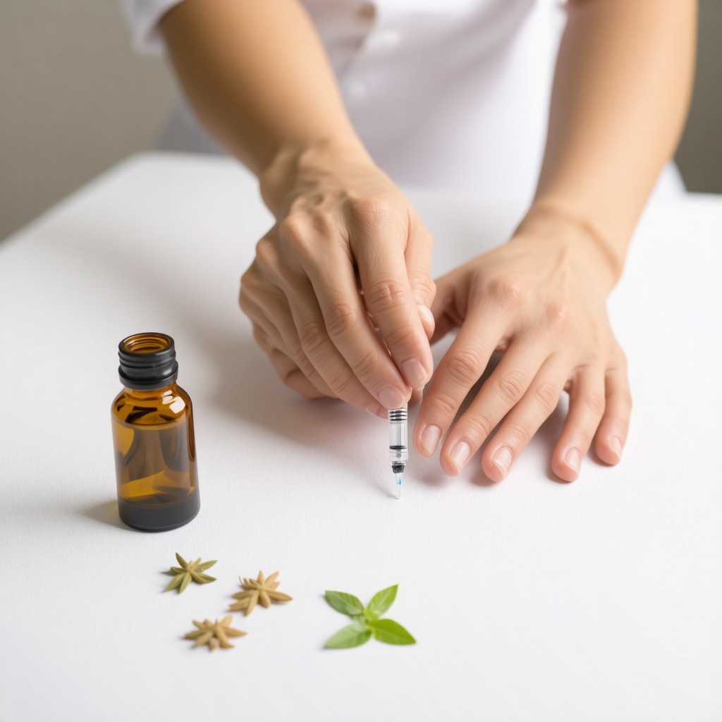 Healthcare professional performing gentle massage around injection site with herbal oils