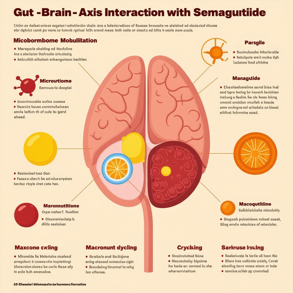 Infographic illustrating gut-brain axis, microbiome modulation, macronutrient cycling, and behavioral strategies for managing semaglutide-induced nausea