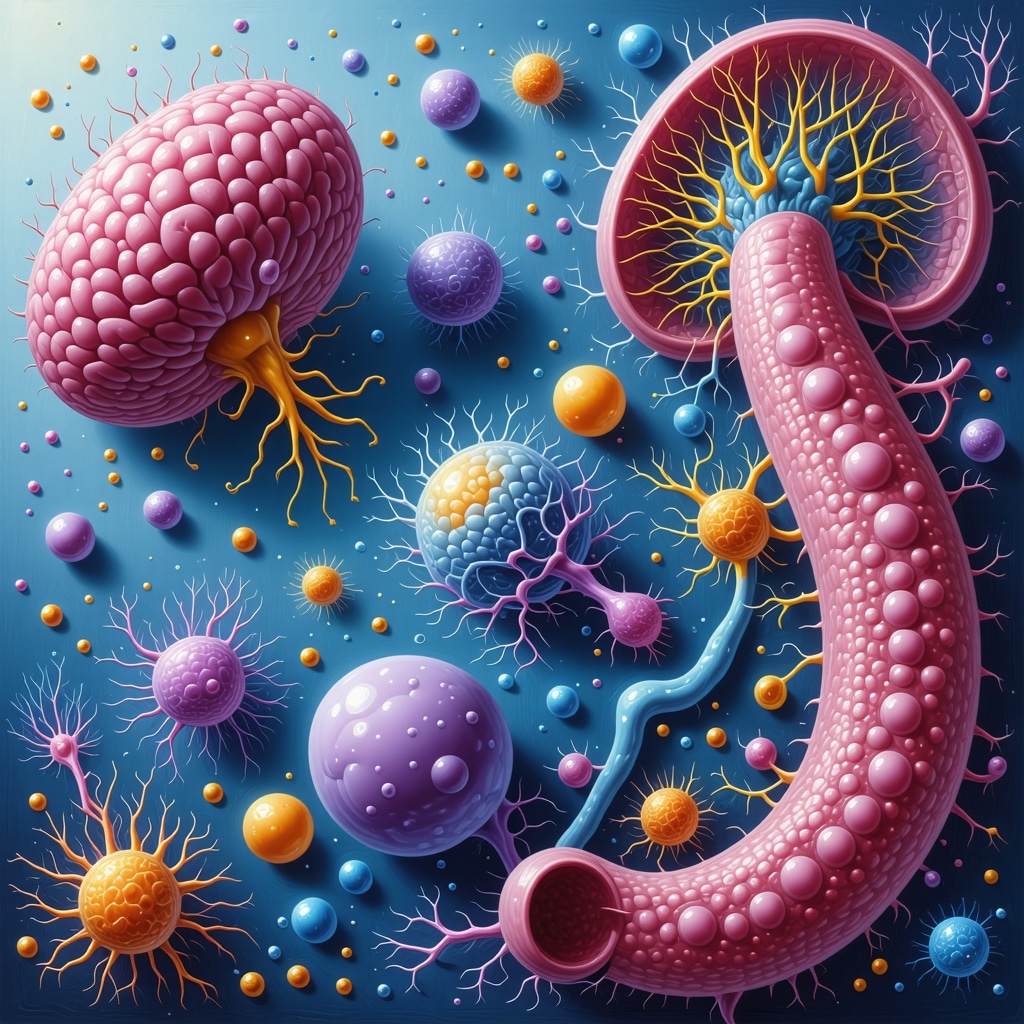 Colorful illustration showing gut microbiota affecting GLP-1 hormone secretion and metabolic health