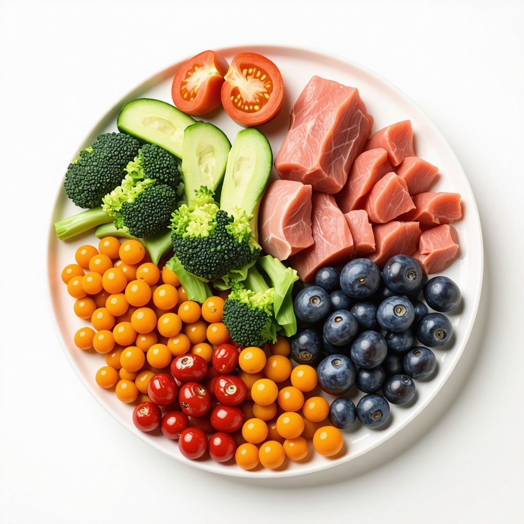Balanced plate with vegetables, proteins, and fats emphasizing meal timing strategy