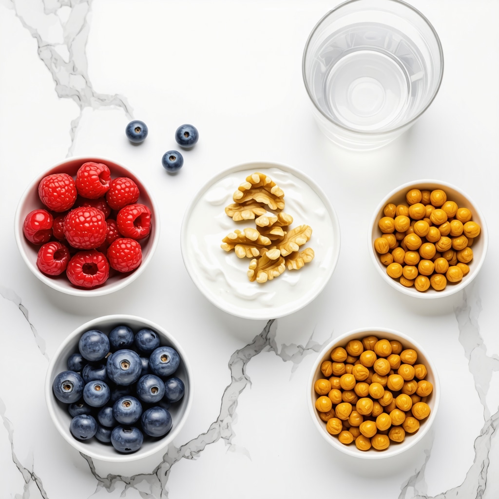 Flat lay image of Greek yogurt with walnuts, fresh berries, roasted chickpeas, and water on marble countertop
