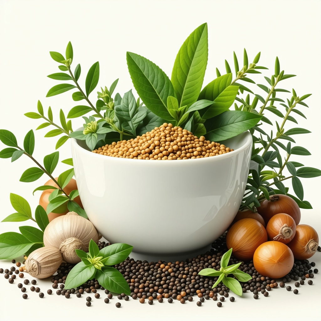 Illustration of herbs like ashwagandha and fermented foods supporting weight loss