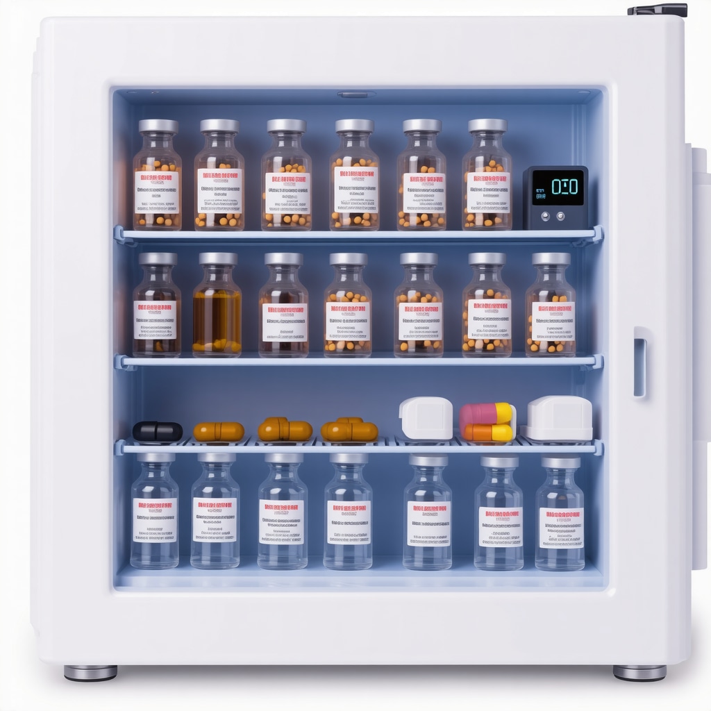 Mini fridge with labeled vials and temperature sensor for injectable medications.