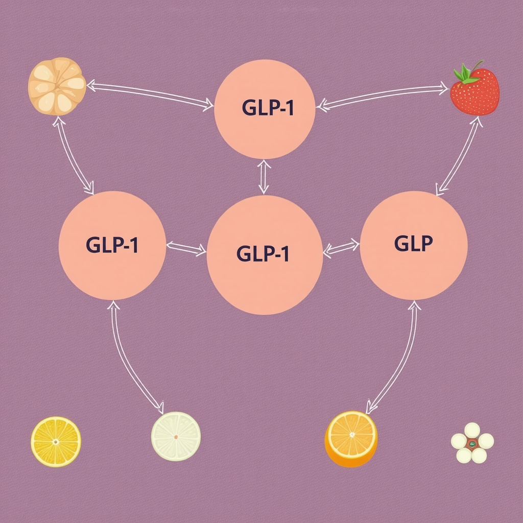 Illustration of hormonal pathways influenced by injectable medications and dietary adjustments for weight loss