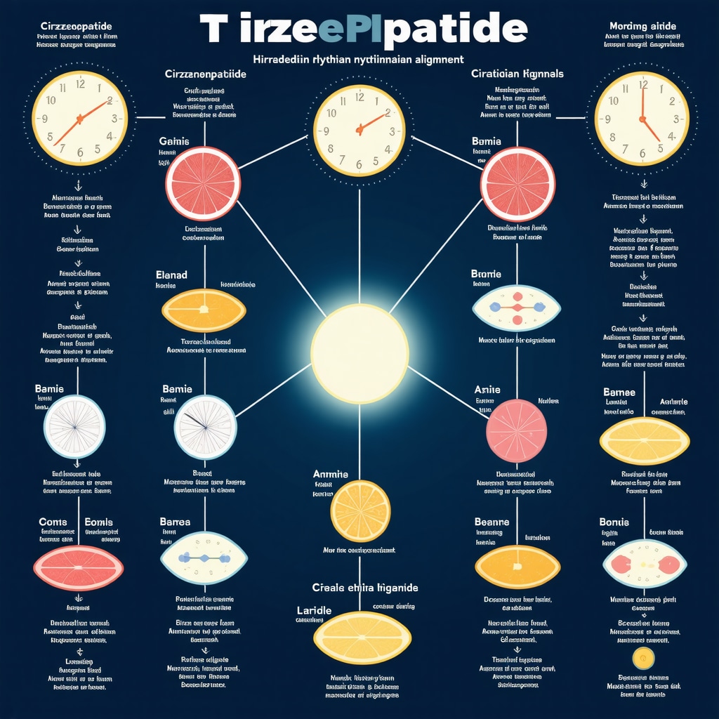 Diagram illustrating hormonal pathways, circadian rhythm, and nutritional strategies enhancing tirzepatide's effects.