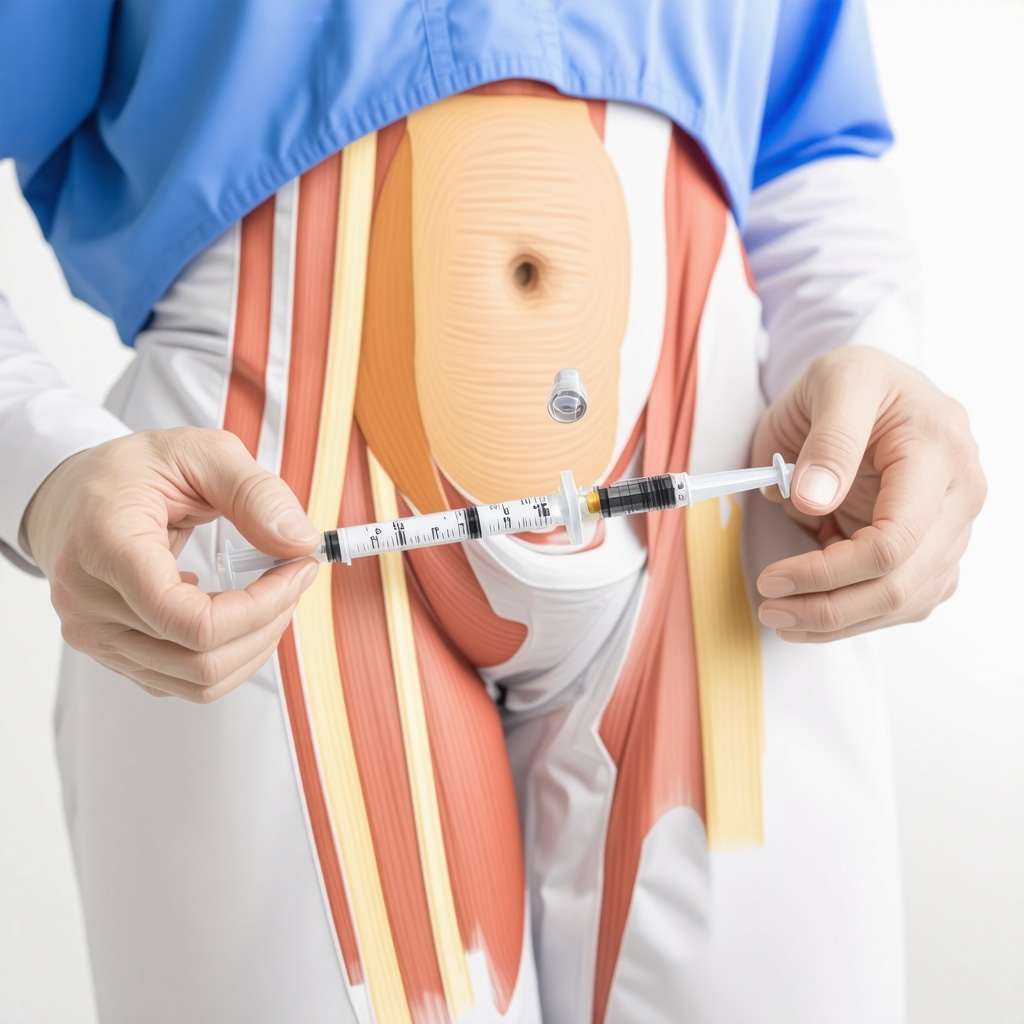 Healthcare professional showing injection site rotation zones on abdomen and thigh diagram