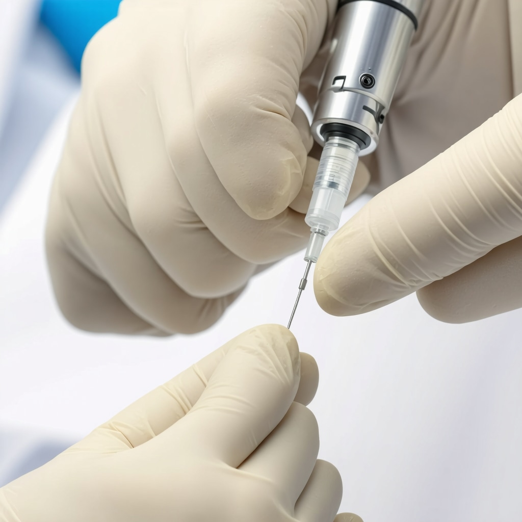 Medical professional demonstrating advanced injection device in clinical setting