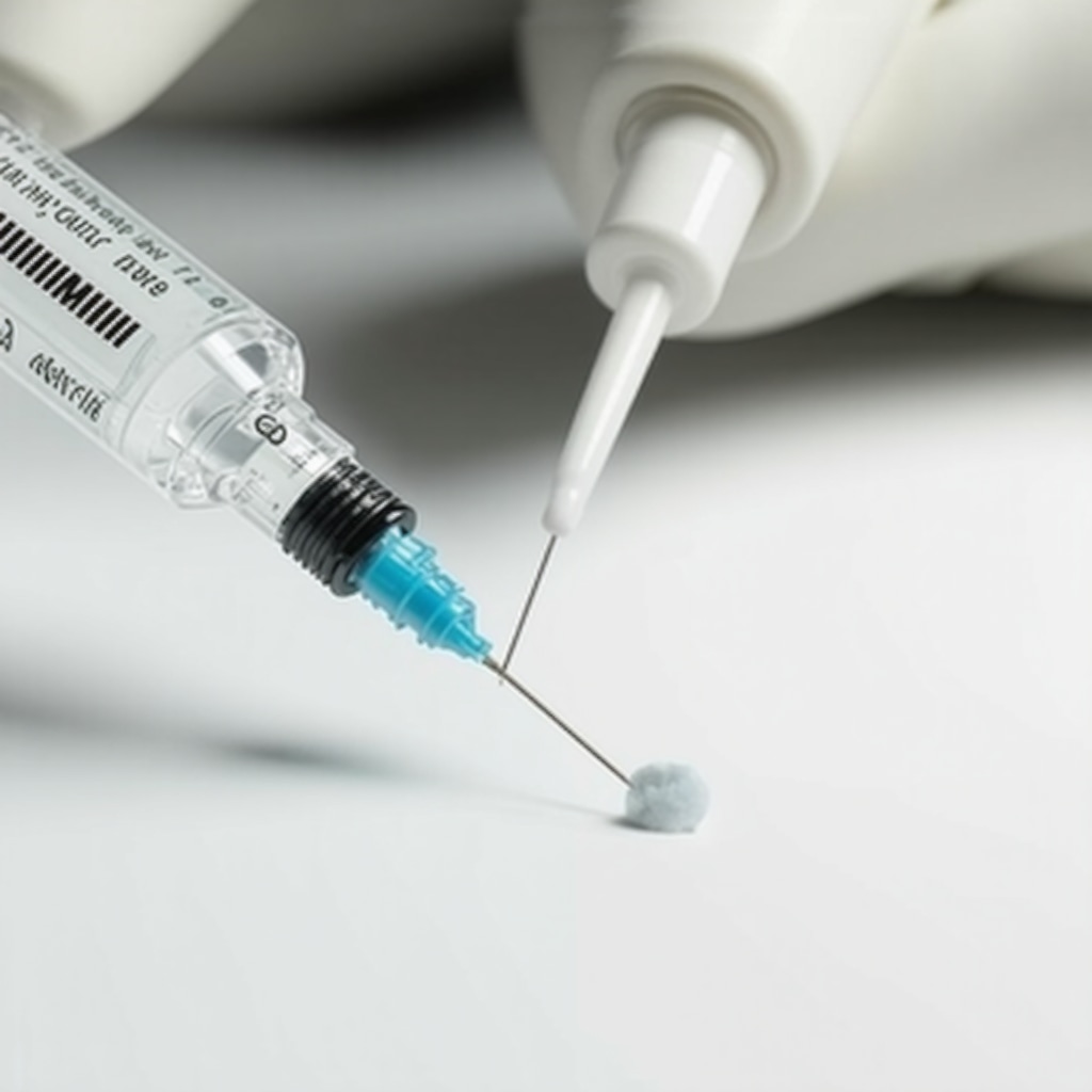 Close-up of ultra-fine needle and topical anesthetic cream used in medical injections