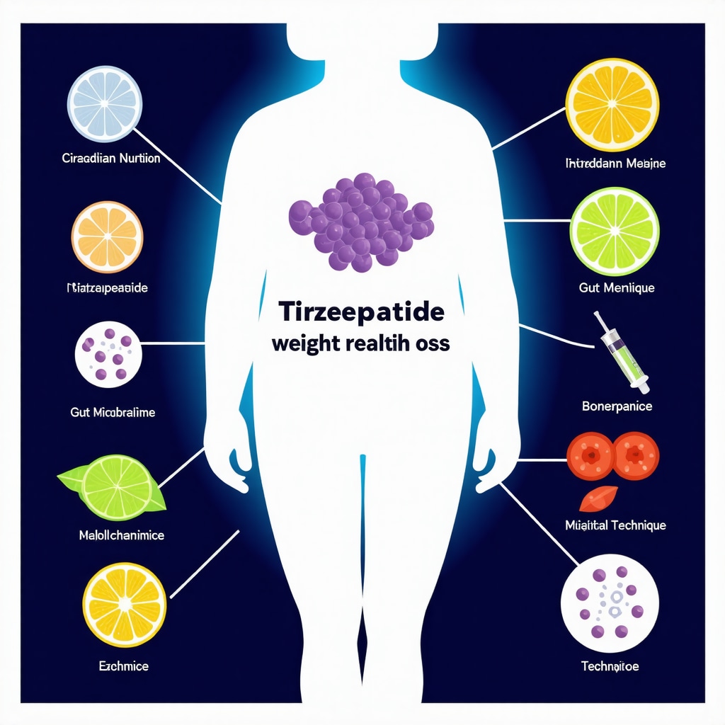Graphic showing circadian rhythm, gut microbiome, injection technique, and digital monitoring interconnected for enhanced tirzepatide efficacy