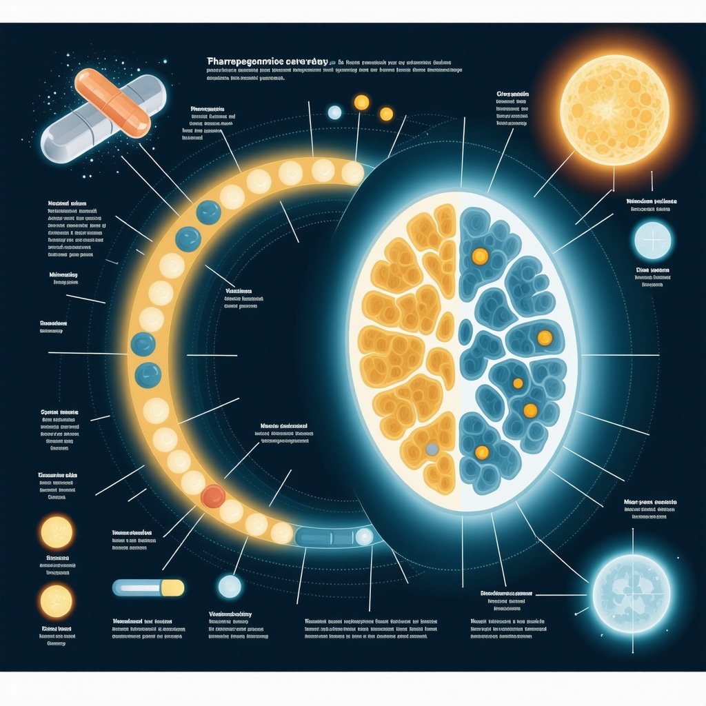 Infographic showing pharmacogenomics, circadian biology, mind-body interventions, and AI personalization in tirzepatide management
