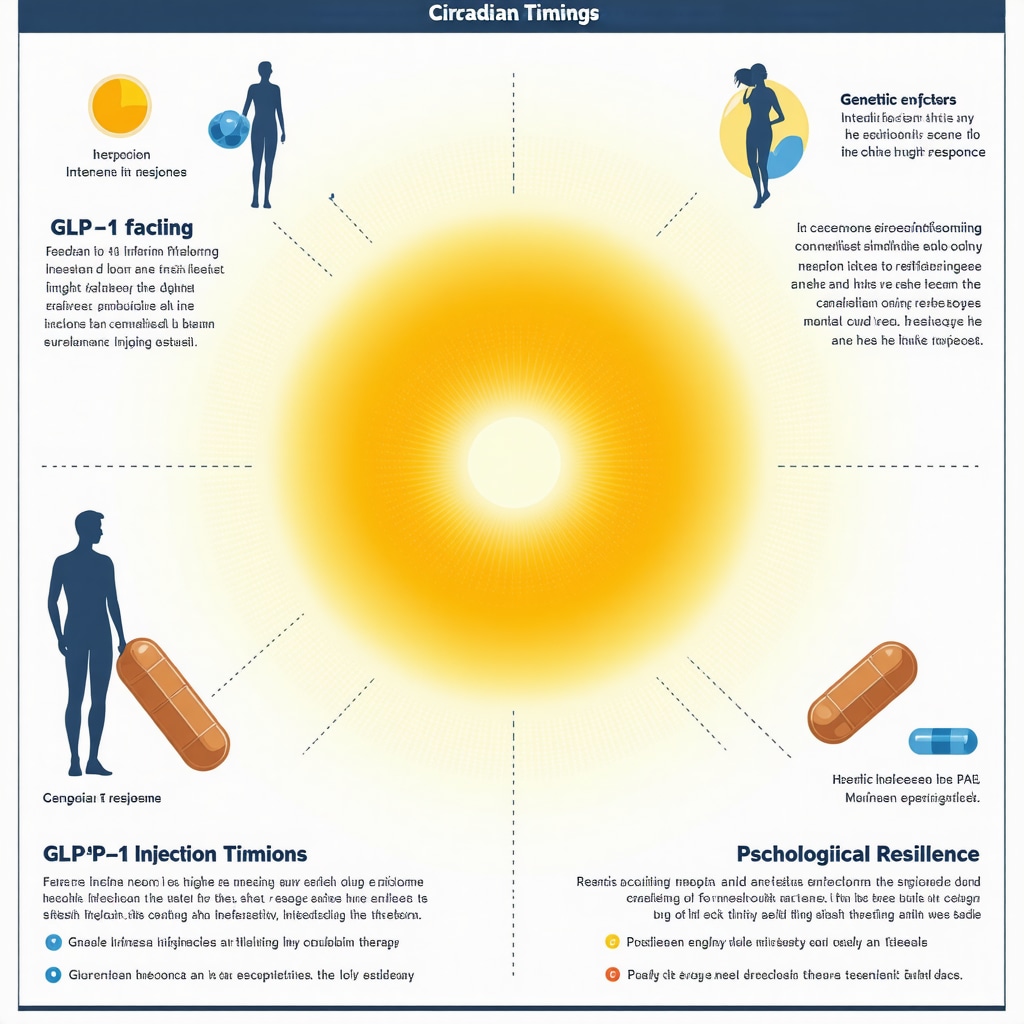 Infographic showing circadian rhythm, genetic factors, psychological resilience, and injection techniques for GLP-1 therapy