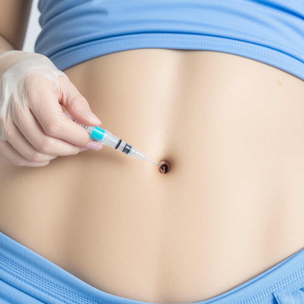 Person rotating injection sites in small shifts on abdomen to prevent irritation and scar tissue buildup.