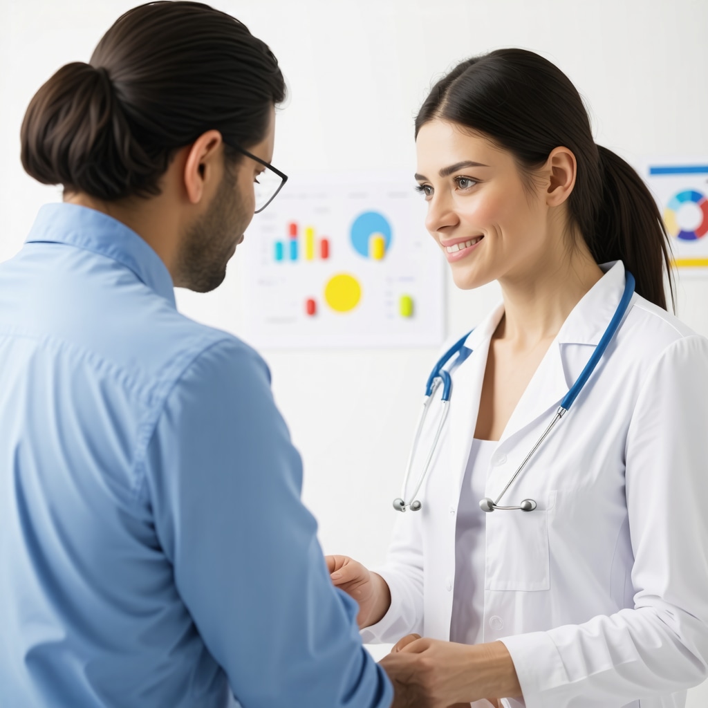 Doctor discussing weight loss progress with patient using charts and medication