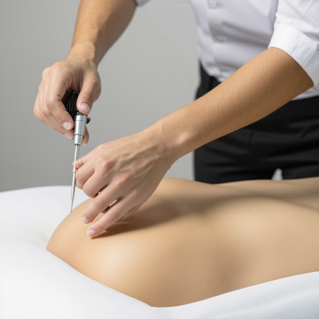 Person undergoing micro-needling treatment on abdomen for better skin elasticity and reduced reactions.
