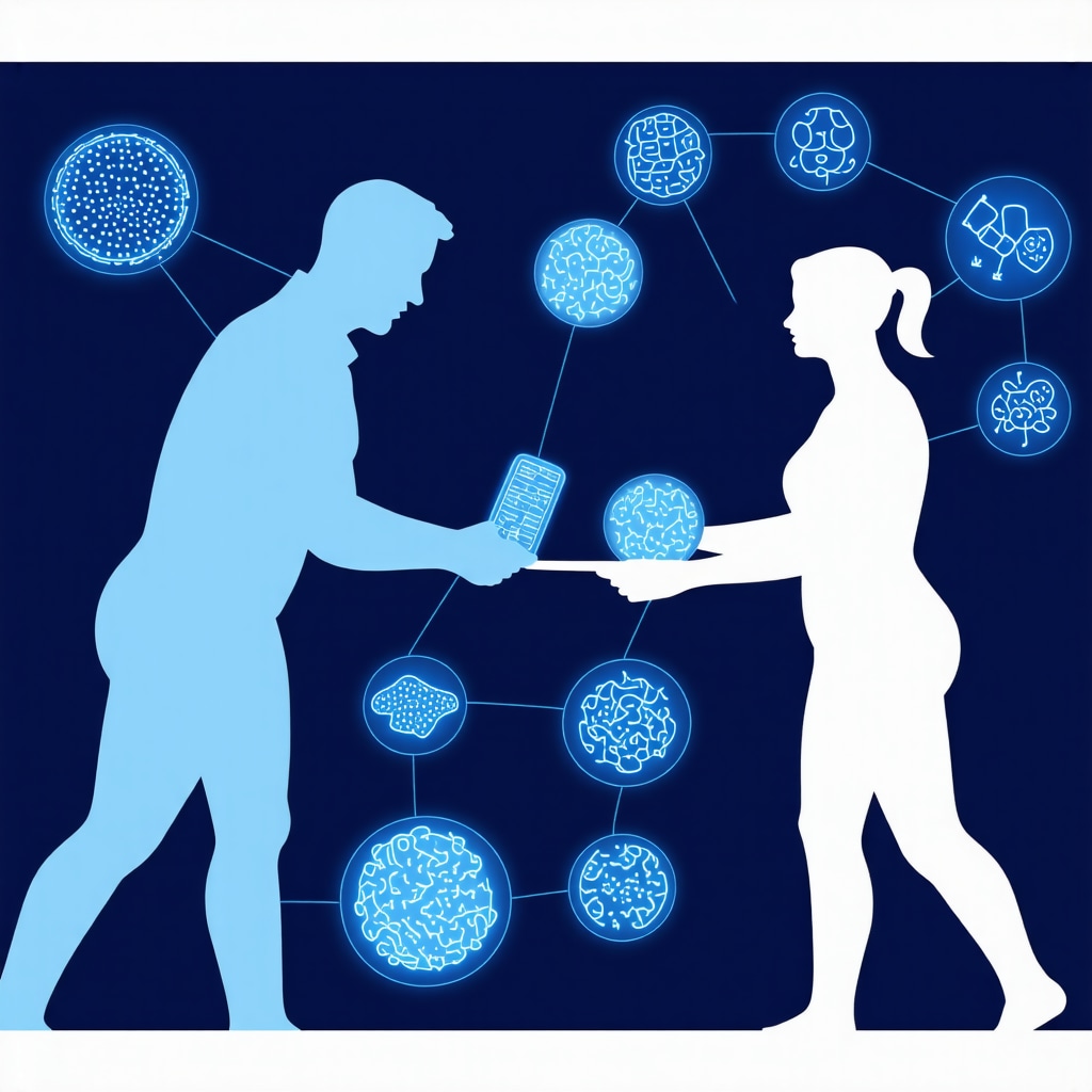 Visual representation of genomics, metabolomics, microbiomics data converging to optimize tirzepatide therapy.