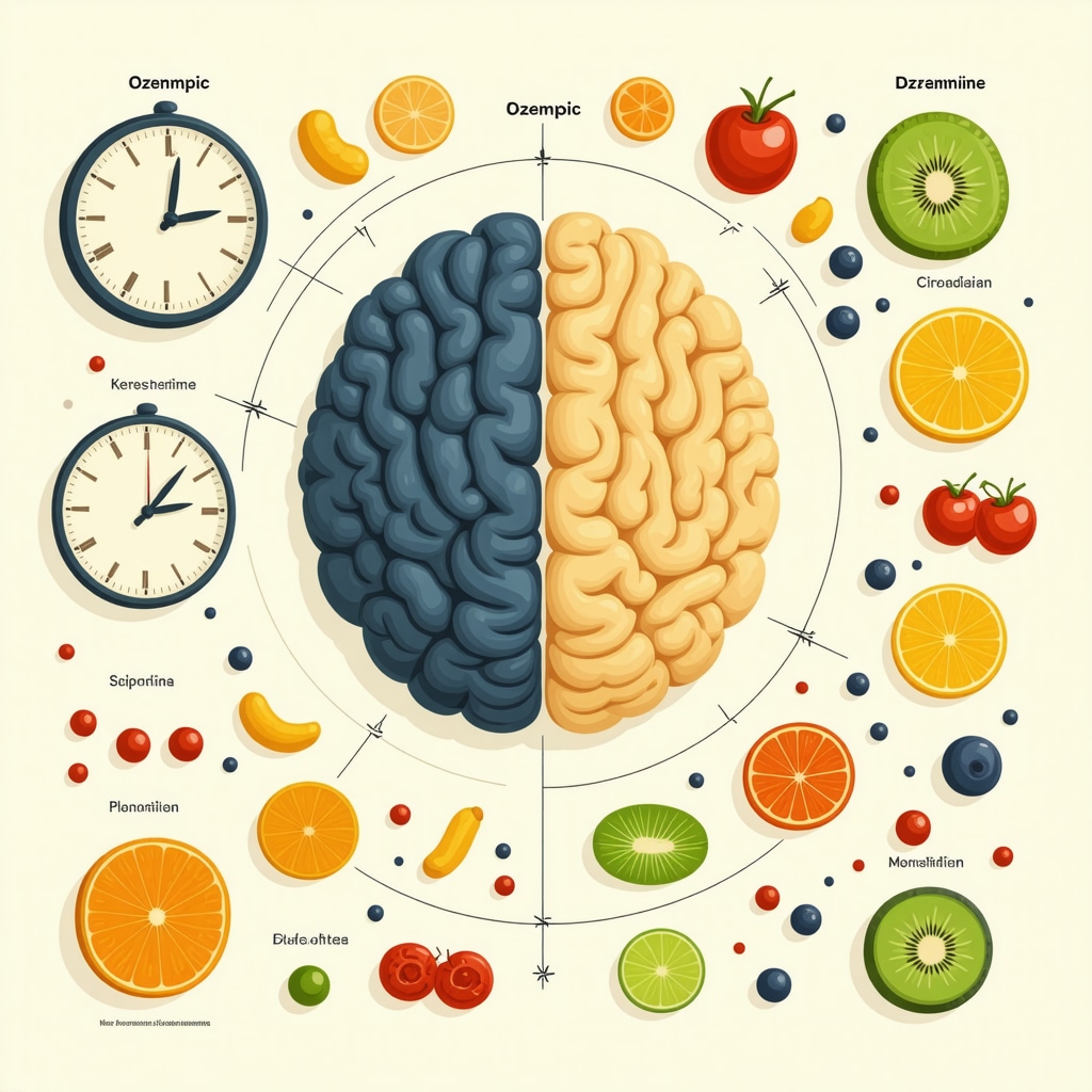 Diagram illustrating Ozempic's influence on brain reward pathways and snack timing aligned with circadian rhythms
