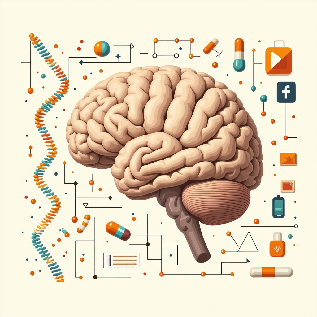 Illustration of brain neurocircuitry, DNA strands, and wearable devices linked to personalized appetite suppressant therapy