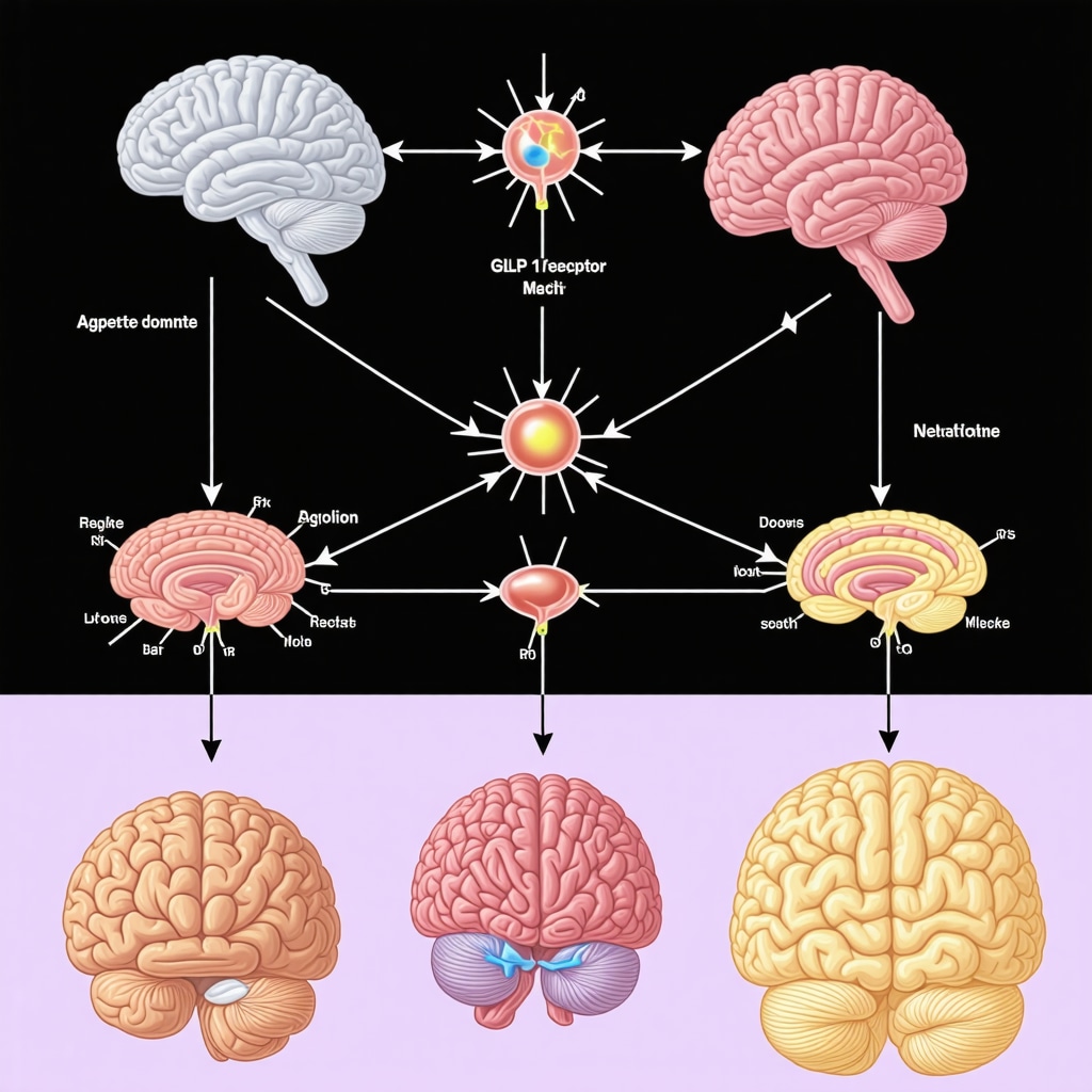 Diagram showing neuroendocrine pathways influenced by GLP-1 receptor agonists, highlighting appetite regulation.