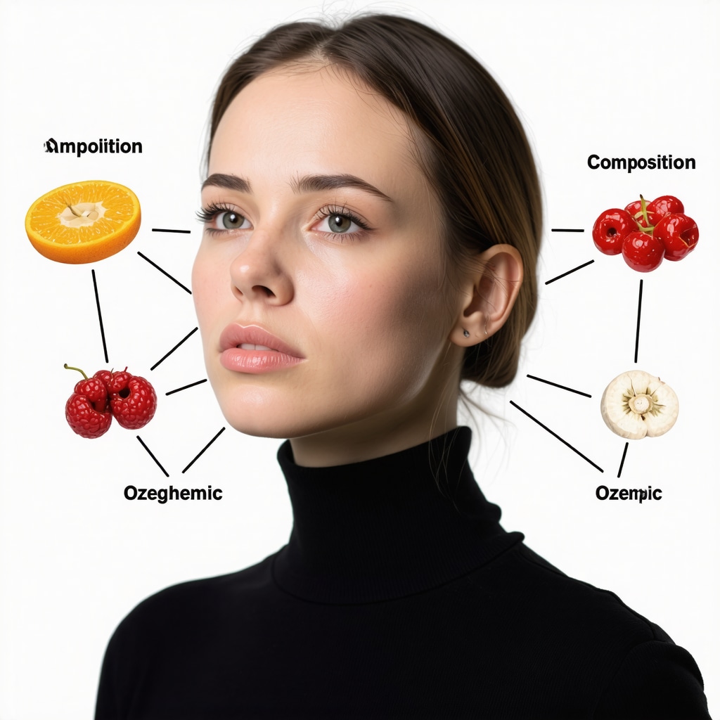 Diagram showing hormonal pathways involved in hunger and satiety modulated by snacks and Ozempic