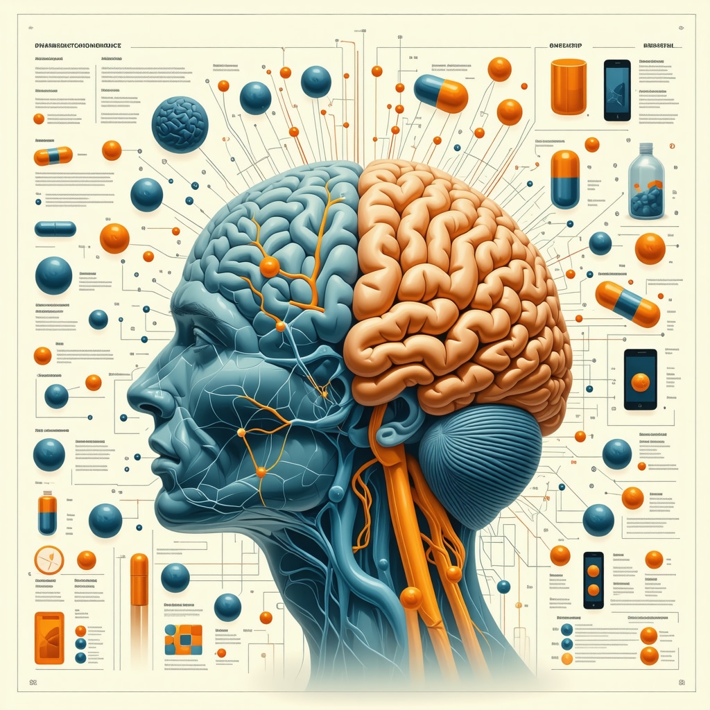 Infographic showing brain neural pathways, DNA helix, and mobile health app icons symbolizing advanced appetite medication management