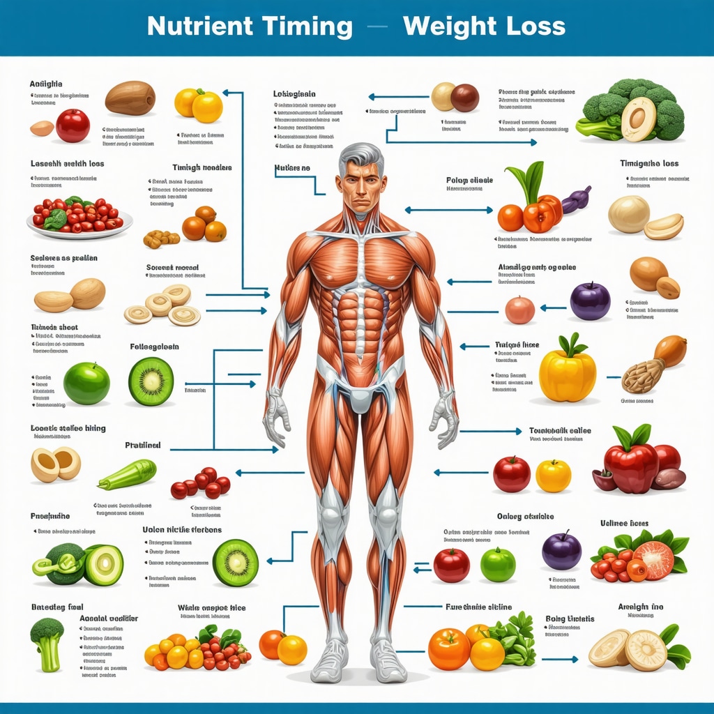 Infographic showing nutrient timing strategies and metabolic pathways for weight loss