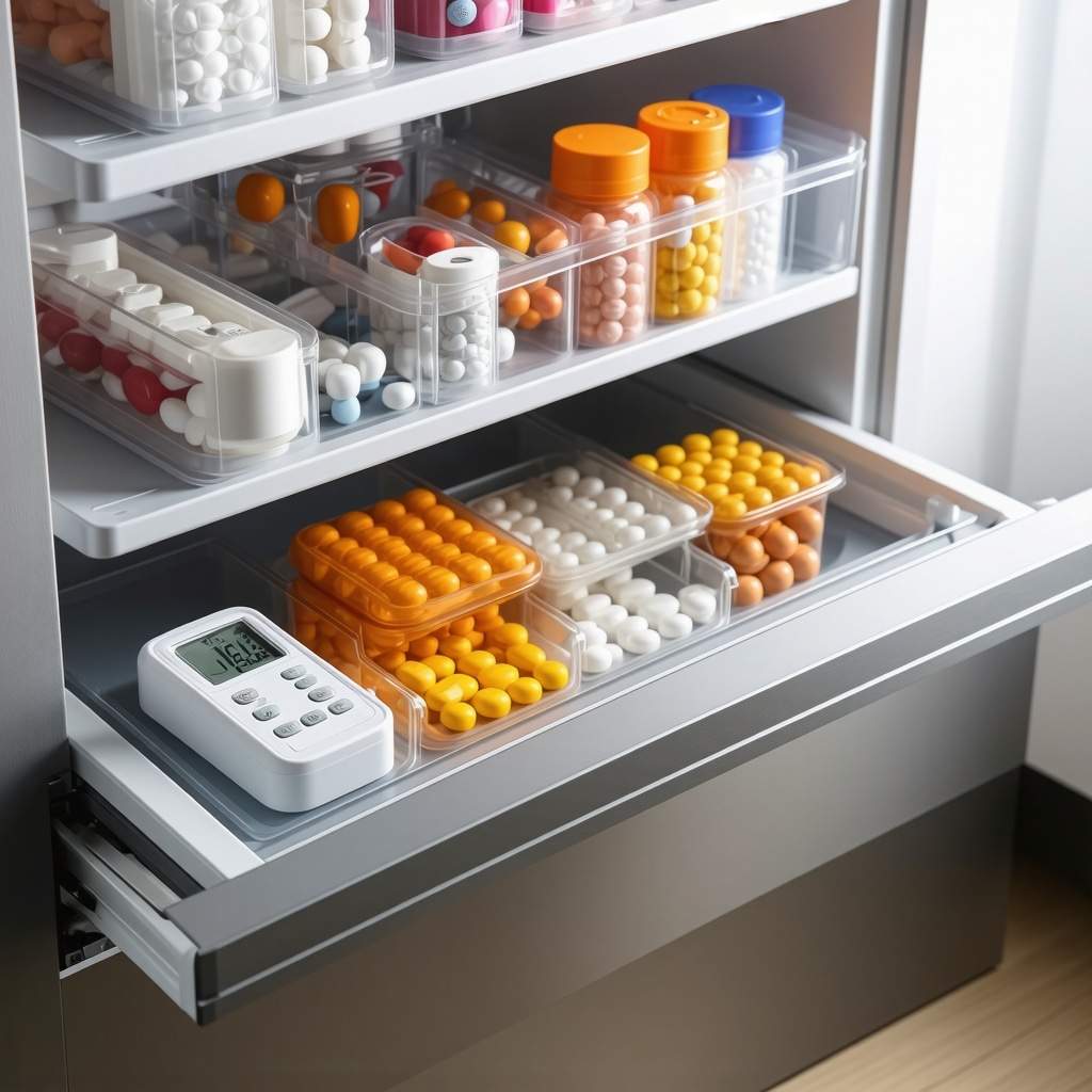 Refrigerator drawer with organized medication storage, thermometer, and light protection for weight loss injectables.