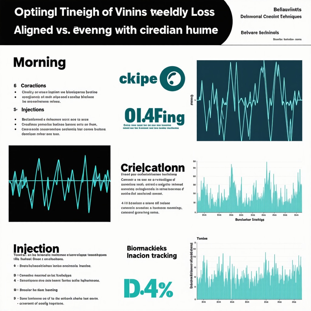 Infographic showing best injection times, behavioral strategies, and biomarker monitoring for weight loss injections