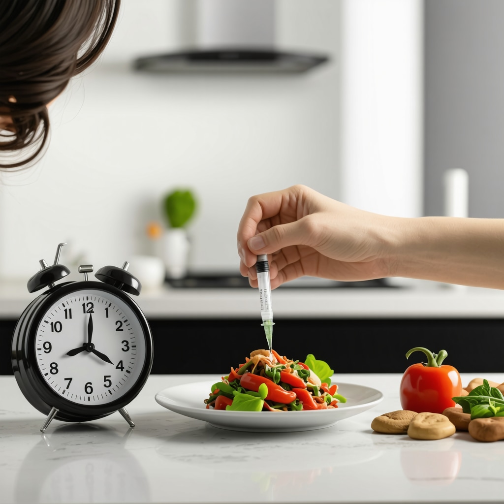 Person administering injection before a meal, with a clock showing 30 minutes prior.