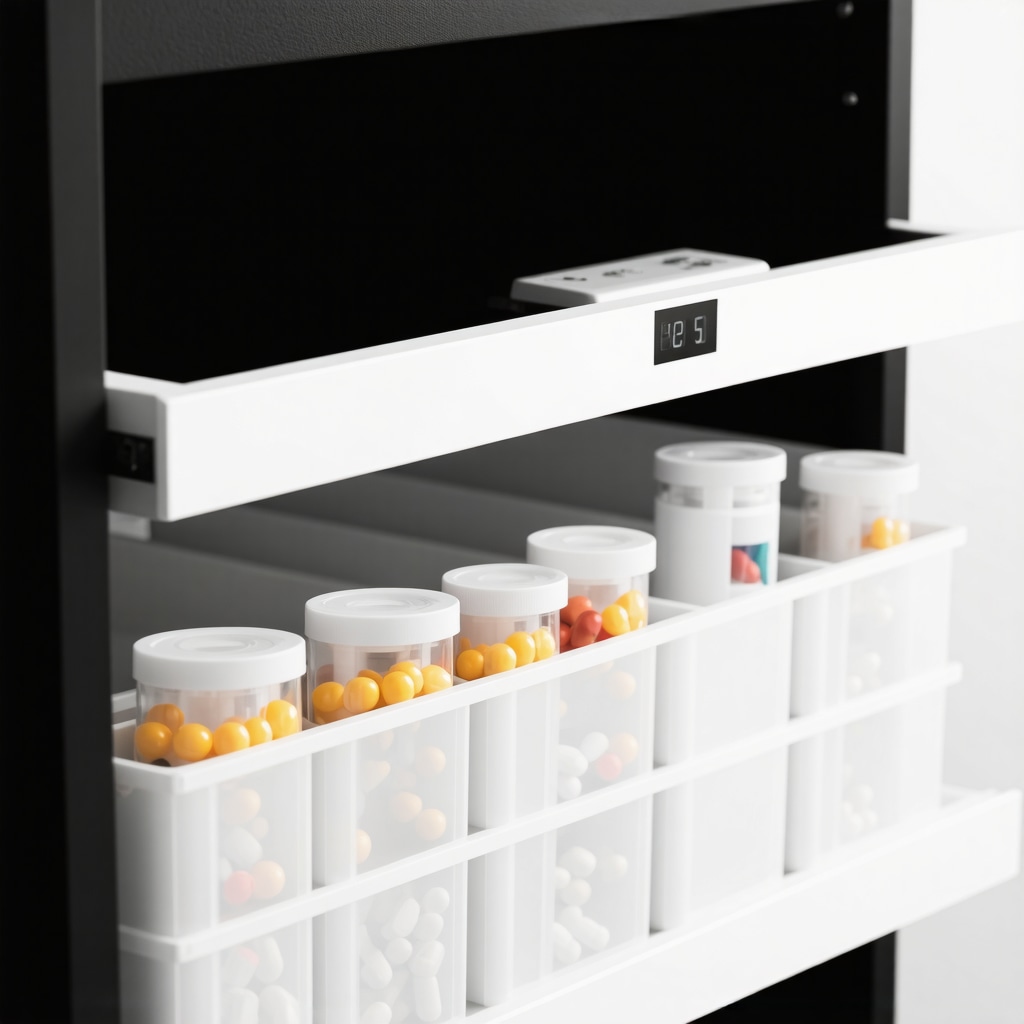 Organized drawer with medication bottles, temperature monitor, and dark storage container