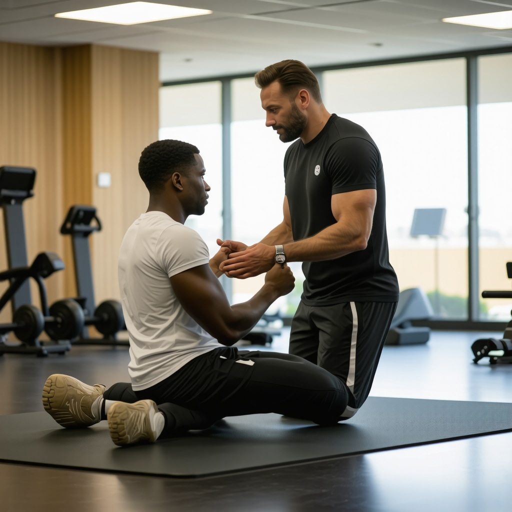 Fitness coach assisting patient with low-impact exercises during medication therapy.