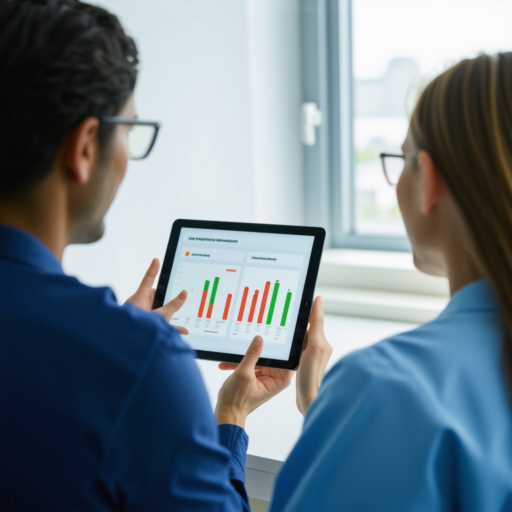 Doctor and patient discussing weight loss plan with digital tablet in modern clinic.