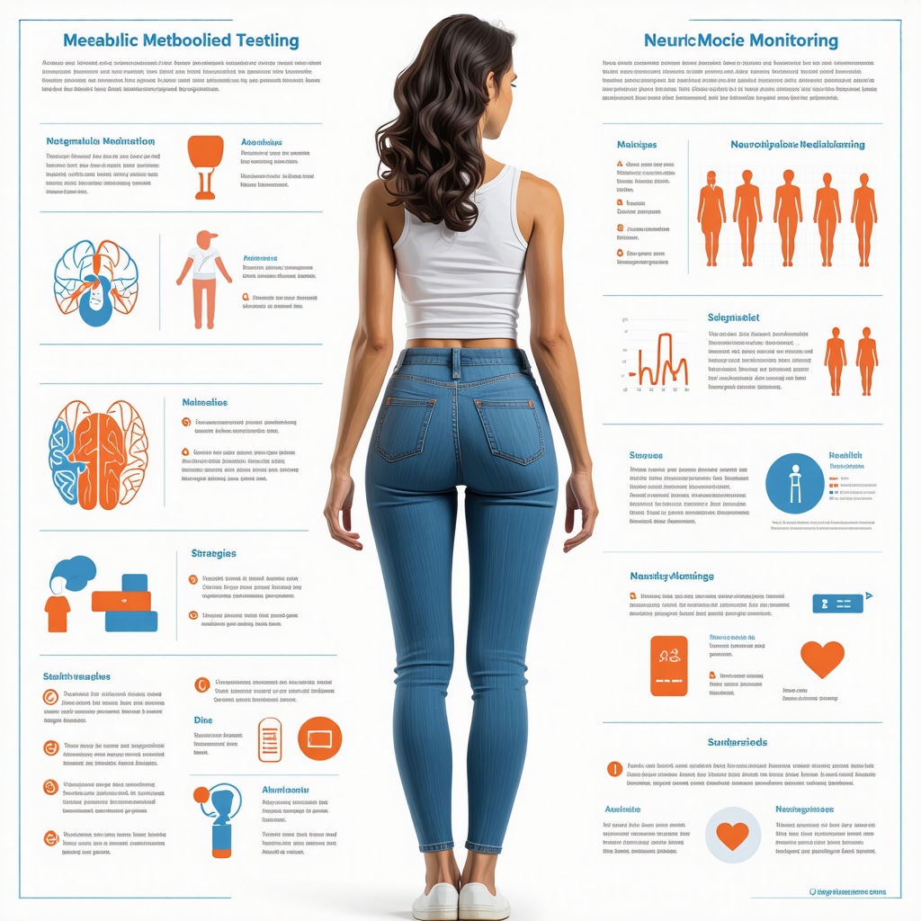 Infographic showing genetic testing, metabolic monitoring, neuropsychological strategies, and digital tools combined in weight loss