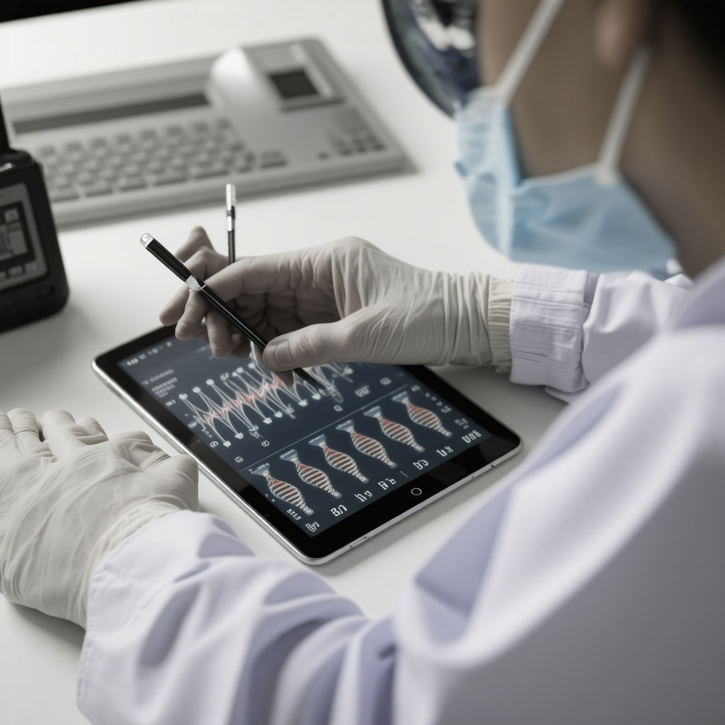 Researcher studying genetic data with health monitoring devices, representing personalized approaches to weight loss.