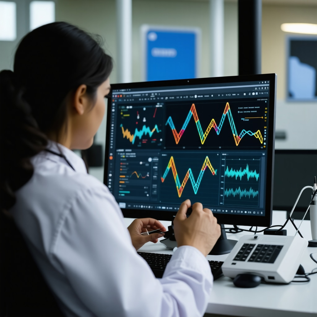 Researcher analyzing genetic data with health monitors, emphasizing personalized approaches in weight-loss therapy.